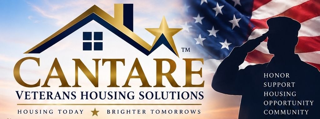 The Cantare Veterans Housing Solutions flyer — the Cantare logo over a house with an American flag, and the words Housing today, brighter tomorrows