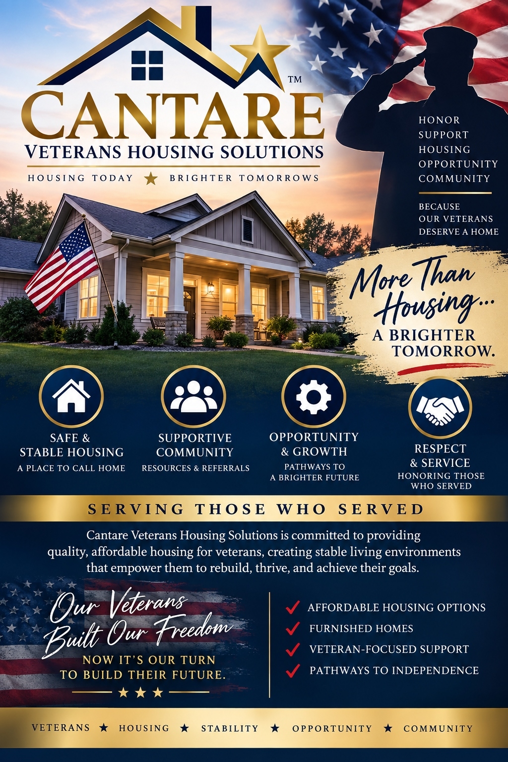 The Cantare Veterans Housing Solutions official flyer: the Cantare logo above a house with an American flag and a saluting soldier, with the line Serving Those Who Served